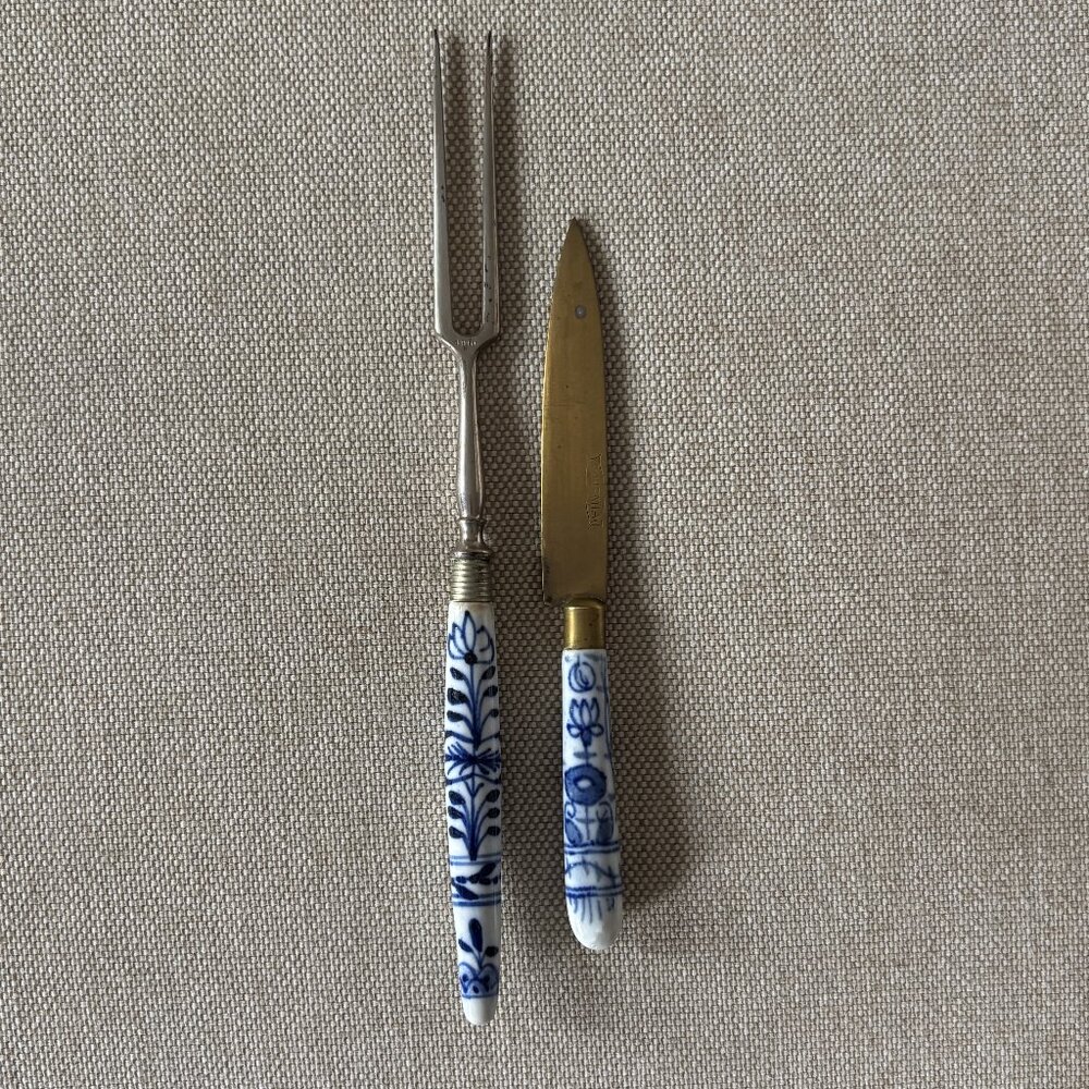 Vintage Bronze Bohemian Fruit Knife plus German Serving Fork Porcelain Handles